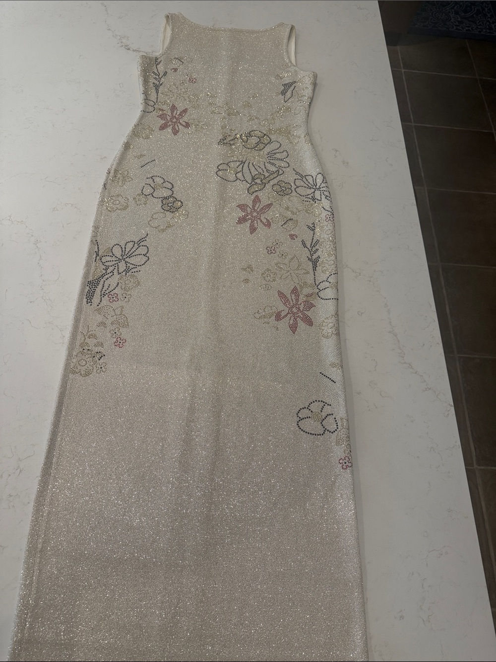 St. John Gold & Cream Metallic Sleeveless Floral Long Evening Dress